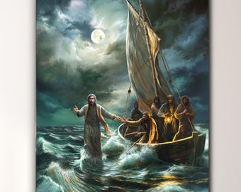 May include: A painting depicting Jesus walking on water towards a boat with people in it. The scene is set at night with a full moon in the sky and stormy seas.