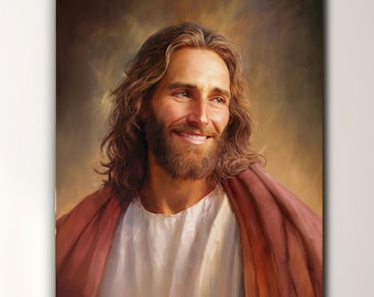 Puede incluir: Una pintura de Jesucristo con el pelo largo y castaño y barba. Lleva una túnica blanca y una capa roja. Sonríe y mira hacia la derecha. El fondo es de un marrón suave.