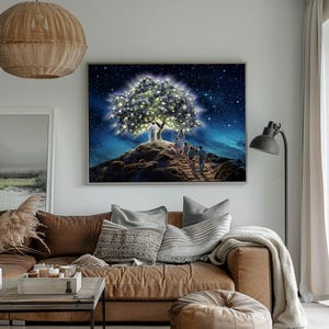 May include: A canvas print depicting a religious scene with a figure standing on a hilltop beneath a glowing tree. The figure is surrounded by a group of people walking towards the tree. The background is a starry night sky.