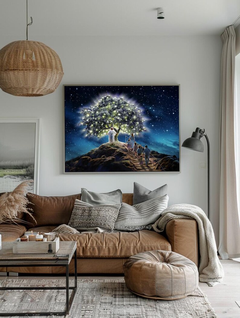May include: A canvas print depicting a religious scene with a figure standing on a hilltop beneath a glowing tree. The figure is surrounded by a group of people walking towards the tree. The background is a starry night sky.
