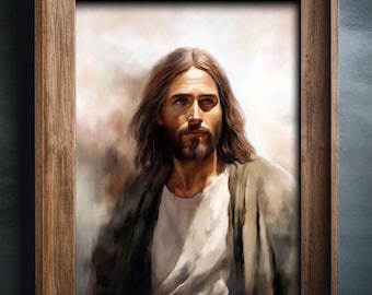 May include: A painting of Jesus Christ, depicted with long brown hair and a beard. He is wearing a white tunic and a brown robe, and his eyes are looking up and to the right. The background is a soft, light brown color.