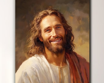 May include: A painting of Jesus Christ with long brown hair and a beard. He is wearing a white robe and a red shawl. He is smiling and looking to the right. The background is a soft brown and yellow.