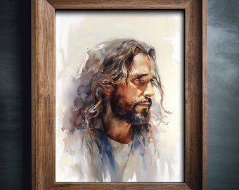 May include: Watercolor portrait of a man with long hair and a beard, framed in a wooden frame. The artwork features soft, blended colors and a contemplative expression. The subject is depicted in profile, with a focus on the face and upper body.