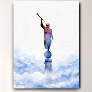 May include: Watercolor painting of an angel standing on a cloud, blowing a trumpet. The angel is depicted in shades of blue and purple, with a golden trumpet. The background is a soft blue watercolor wash, suggesting clouds.