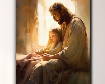 Jesús ora con un niño. Impresión en lienzo, retrato de Jesús, arte cristiano, arte SUD, arte de Jesús, pintura de Jesús, imagen de Jesús.