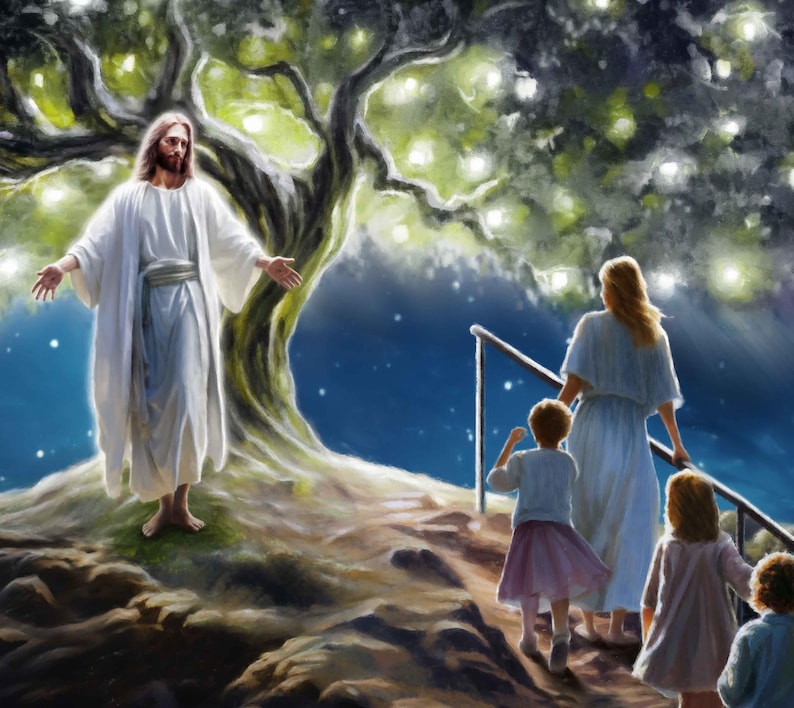 May include: A painting depicting a man in a white robe standing under a tree with glowing lights.  A woman and two children are walking up a path towards the man.