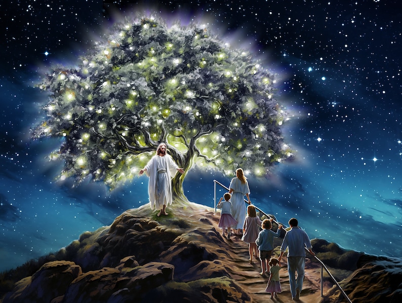 May include: A group of people walk up a path towards a glowing tree, with a figure standing in front of it. The sky is filled with stars.