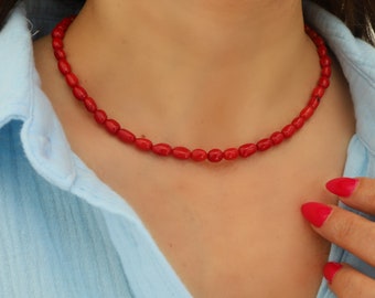 Oval Red Coral Necklace, Coral Choker, Natural Coral Necklace, Beaded Coral Necklace, Genuine Stone Jewelry, Summer Jewelry, Solid Gold