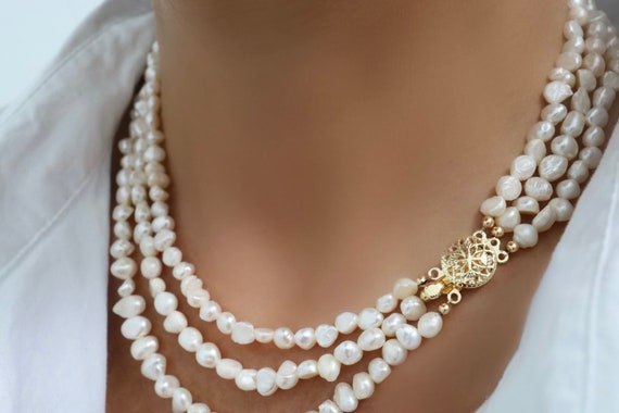Baroque Freshwater Pearl Necklace, Three Strand Pearl Necklace 