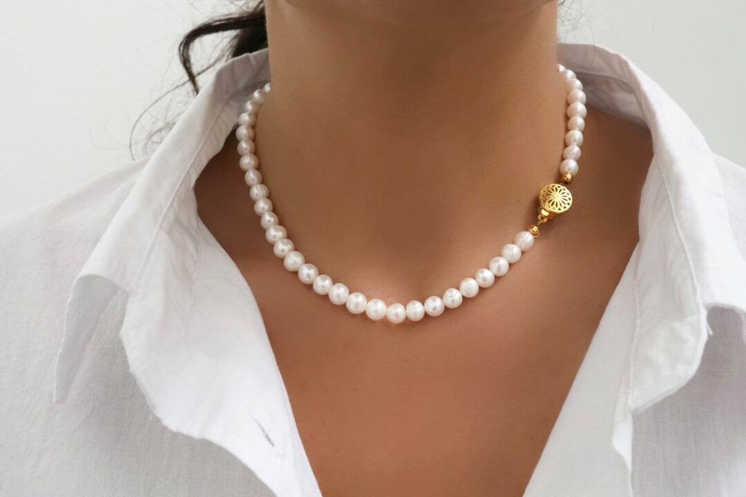 Freshwater Pearl Necklace Box Clasp Necklace Gold Box Clasp Etsy