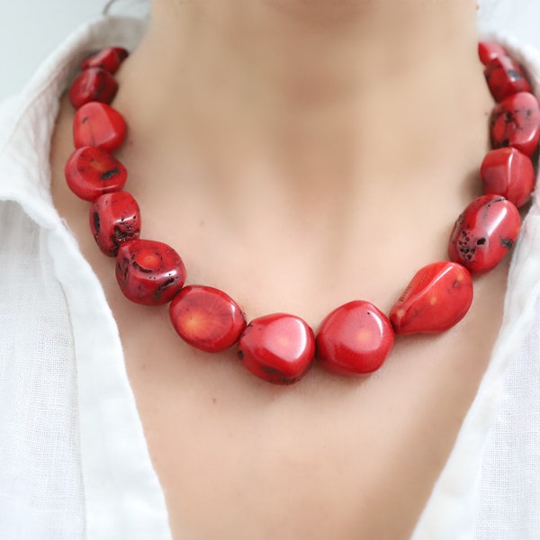 Chunky Red Coral Necklace, Natural Coral Necklace, Beaded Coral Necklace, Genuine Stone Jewelry, Summer Jewelry