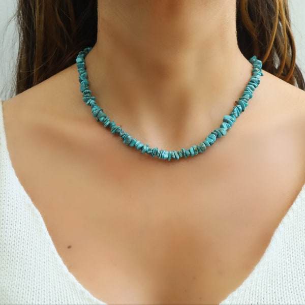 Dainty Chip Turquoise Necklace, Natural Turquoise Jewelry, Handmade Gemstone Necklace, Green Turquoise Necklace, Summer Jewelry