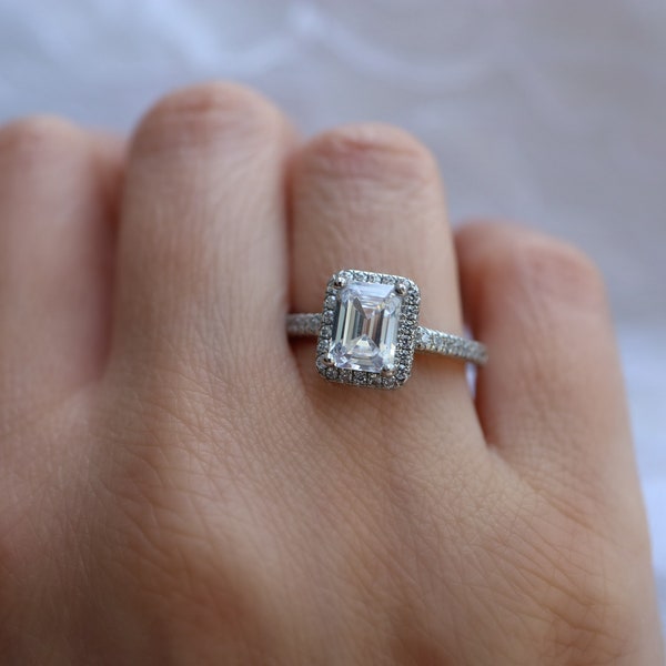 2CT Emerald Cut Halo Ring, Silver Engagement Ring, Sterling Silver, Emerald Cut Stone, Promise Ring, Gift For Her, Stamped Silver Ring