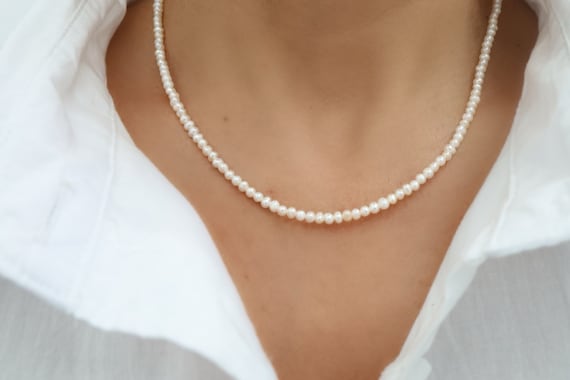 Tiny Pearl Necklace 2mm Pearls Dainty Pearl Necklace White