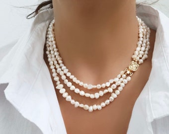 Baroque Freshwater Pearl Necklace, Three Strand Pearl Necklace 