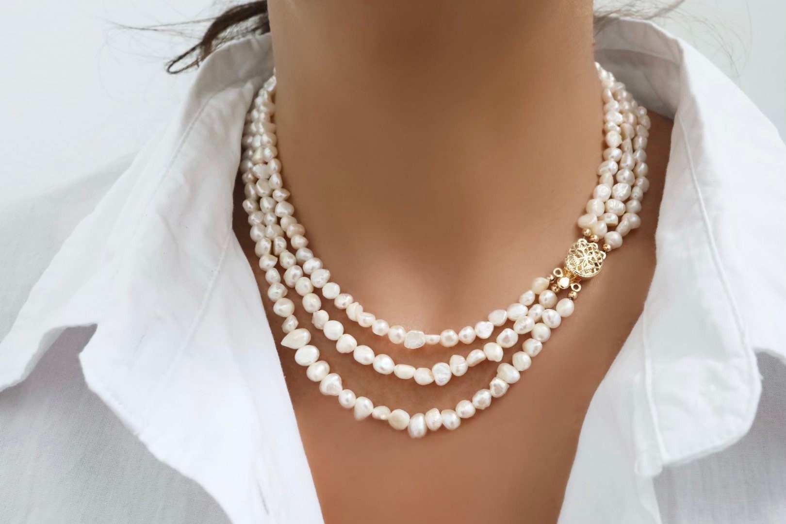 Baroque Freshwater Pearl Necklace, Three Strand Pearl Necklace, Box Clasp  Necklace, Vintage Jewelry, Gift for Her, Trendy Jewelry 