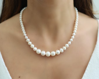 4-8mm White Graduated Freshwater Pearl Necklace, Classic Pearl Necklace, Genuine Pearls, Necklace for Her