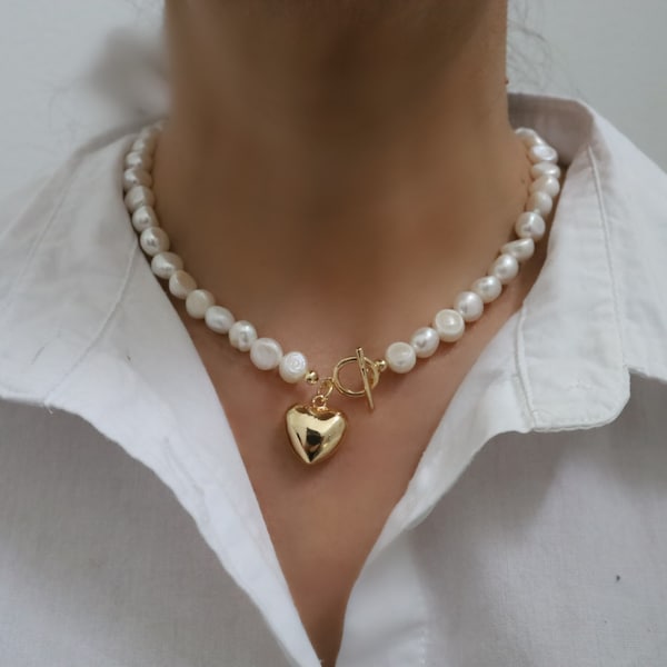 Freshwater Baroque Necklace, Puff Heart Toggle Necklace,Genuine Pearls, Love Necklace, Gift For Her