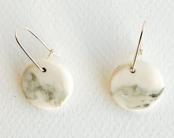 Nerikomi Porcelain Dangle Earrings – Sterling Silver White Grey Ceramic Earrings – Handmade Minimalist Jewelry