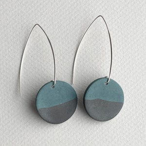 porcelain and sterling silver round dangle earrings handmade petrol black nerikomi minimalist simple contemporary modern