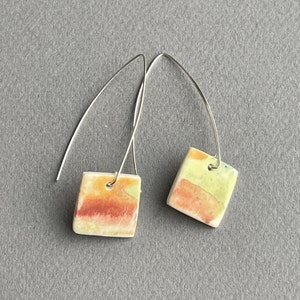 porcelain and sterling silver handmade square dangle earrings hand painted orange green simple modern contemporary