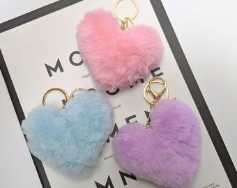 Fuzzy Pink Heart Bag Charm | Faux Rabbit Fur Keychain | Furry PomPom Accessory Gift