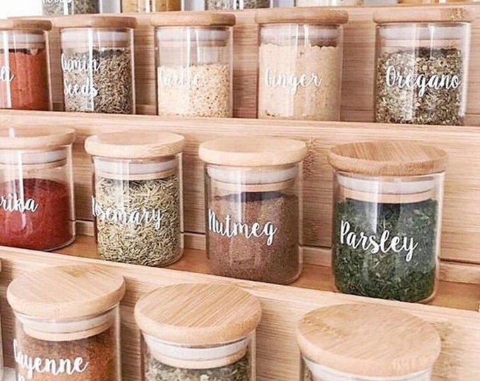 Pack of 30 Bamboo Lid Spice Jars, Wooden Lid Glass Jars, Bamboo Lid