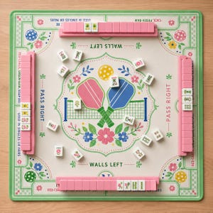 May include: A square pickleball-themed board game with a cream center featuring a pink and blue paddle graphic, a yellow ball, and floral motifs. Four pink tile racks are positioned at the edges, with scattered white tiles displaying various icons.