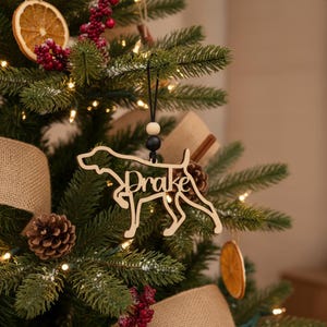 May include: A wooden dog ornament with the name "Drake" cut out, hanging on a Christmas tree. The ornament is light brown and has a black and white bead detail. The tree is decorated with lights, pine cones, and dried orange slices.