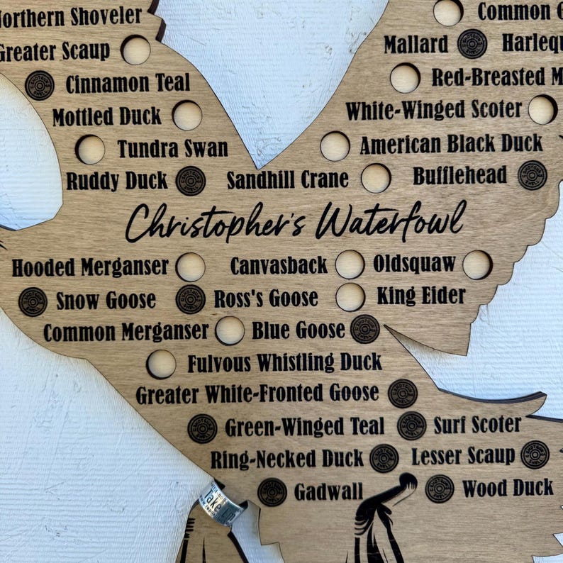 May include: A wooden waterfowl chart shaped like a bird, featuring engraved names of duck species and circles. The text "Christopher's Waterfowl" is visible. The chart is made of light-coloured wood, suitable for a home or cabin.