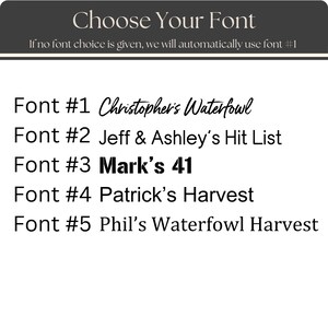 May include: A graphic displaying font choices, headed by "Choose Your Font". It lists five fonts, each with a name like "Christopher's Waterfowl" and "Mark's 41", and a number. It states font #1 is the default if no choice is made.