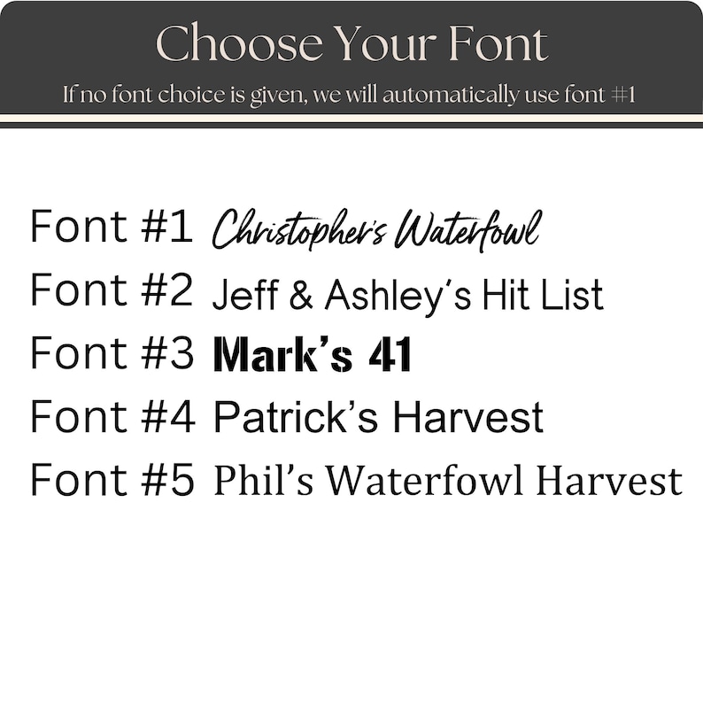 May include: A graphic displaying font choices, headed by "Choose Your Font". It lists five fonts, each with a name like "Christopher's Waterfowl" and "Mark's 41", and a number. It states font #1 is the default if no choice is made.