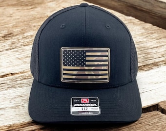 Custom American Flag USA Camo Patch Trucker Hat, Richardson 112 and Yupoong