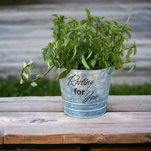 Rooting for You Engraved Galvanized Bucket: Unique Planter or Gift Basket Vessel
