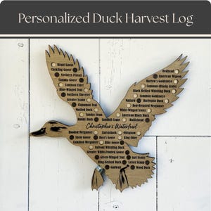 Wooden duck-shaped waterfowl tracker sign mounted on a white wall, engraved with 41 North American Waterfowl species names and some filled marker circles, personalized with the name “Christopher’s Waterfowl.”