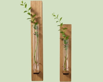 Wall Propagation Vase, Handcrafted Wood and Glass Vertical Plant Decor