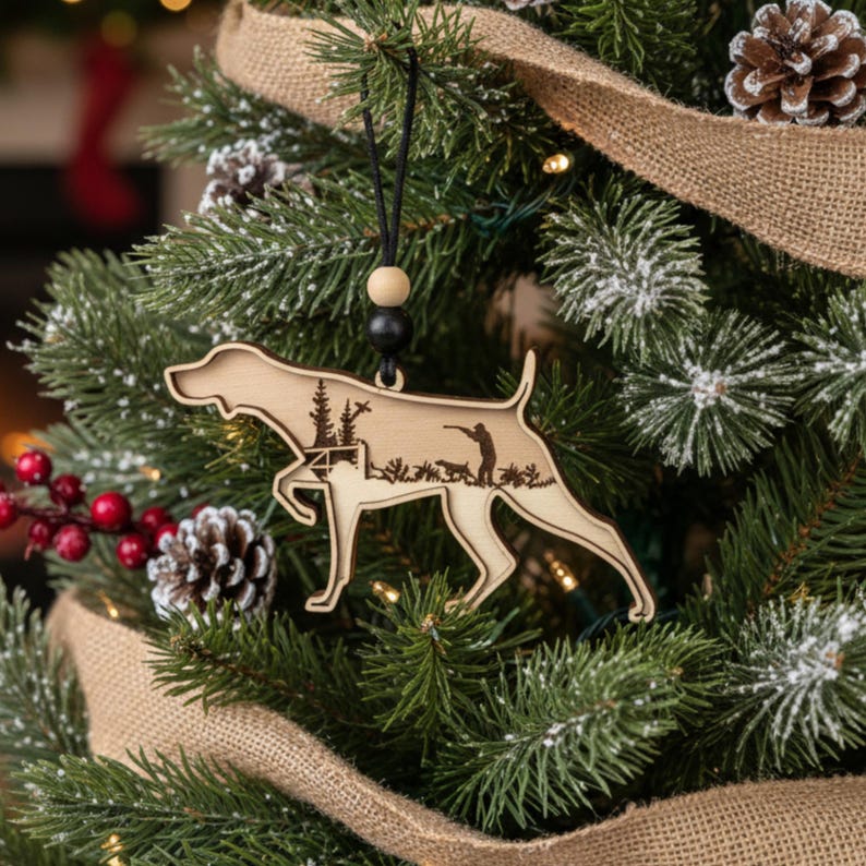 A Christmas Tree with pinecones and berries featuring a wood three layered German Shorthaired Pointer Ornament with a hunting scene engraved on it.