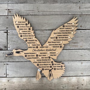Wooden duck-shaped wall art featuring a list of waterfowl species. The art piece is made of light-colored wood and includes the text "Christopher's Waterfowl." Each species is listed with a small circle next to it.