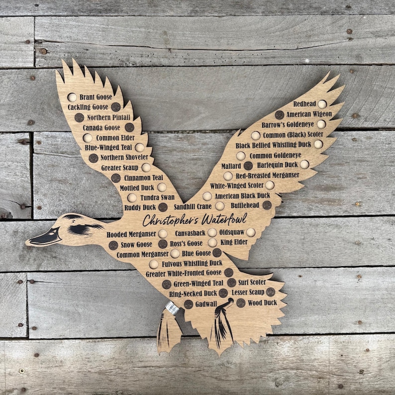 Wooden duck-shaped wall art featuring a list of waterfowl species. The art piece is made of light-colored wood and includes the text "Christopher's Waterfowl." Each species is listed with a small circle next to it.