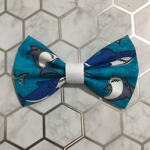 Sharks Hair Bow, Ocean Fabric Bows, Dog Bows and Cat Collar Bows, Deep Blue Sea Cute Hair Bows, Shark Fabric Hair Clips, Headband
