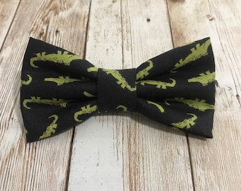 Crocodile Alligator Bow Tie, Croc Clip On, Pin or Adjustable Strap Fabric Gator Fun Dog Bow Ties, For Him and Her