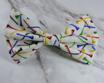 Golf Tee Time Fabric Bow Tie, Golf Sports Pet Bow Ties, Adjustable, Clip On Bowties, On The Greens, Gift for Dad,| GIfts for Him or Her