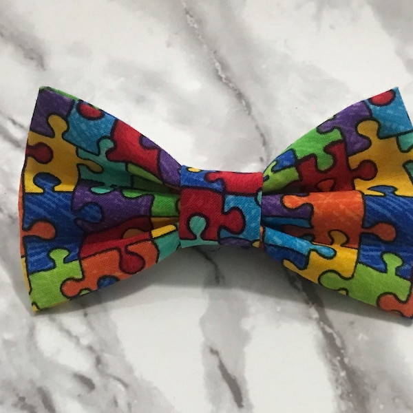 Colorful Puzzle Bow Tie on Adjustable Straps, Pins, Clip On or Collar Bow Ties, Fun Gift of Mixed Color Puzzle Pieces, People and Pets