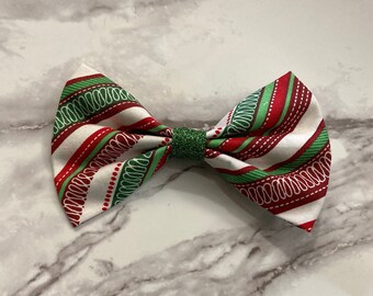 Colors of Christmas Hair Bow, Squiggles Lines Red and Green Decorative Bows, Happy Holidays Dog Bows Collar Cat Bows, Christmas Patterns