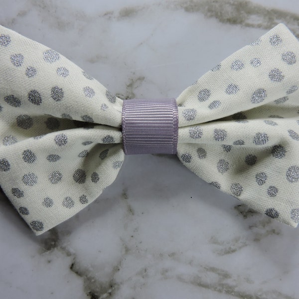 Silver Dots Hair Bow, White and Silver Polka Dots, Pet Collar Bow, Dog Bows, Handmade Gifts, Gift Topper Bow, White Bow