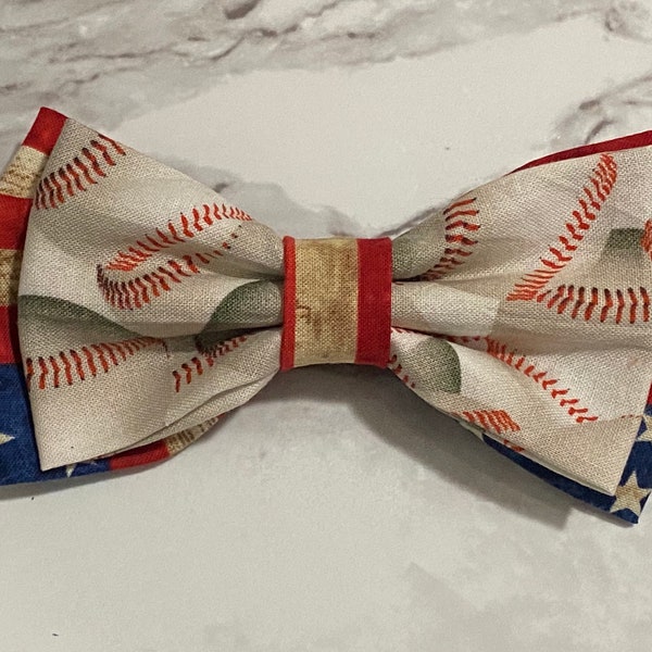 Baseball Bow Tie with USA Flag Fabric Double, Adjustable Strap, Clip On, Pin Broach, Stretch Nylon, Alligator Clip, Baseball Theme