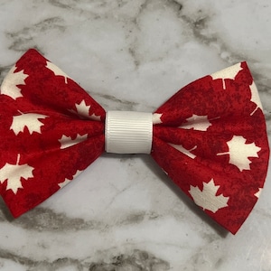 Canada Print Hair Bow, Maple Leaf Fabric Bow, Red and White Pattern Hair Bow, Canadian Dog Bows, White and Red Pet Collar Bows,