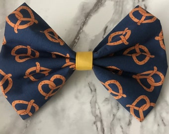 Pretzels Hair Bow, Handmade Cute Fabric Bows, Pet Collar Bows, Dog or Cat Bows, Party Food Decor, Fun Blue and Gold Gift Bow for Pretzel Day