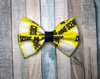 White Police Tape Hair Bow, True Crime Fan, LEO Police Sheriff Support, Crime Gifts, Pet Bows, Dog Collar Bows, Faux Tape Murder Theme