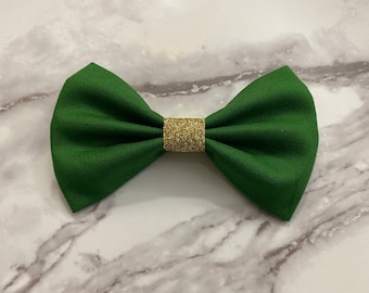 Forest Green Fabric and Gold Sparkle Center Hair Bow | Christmas Colors Bows | Happy Holidays Dog Bows & Cat Collar Bows | Cute Decorations